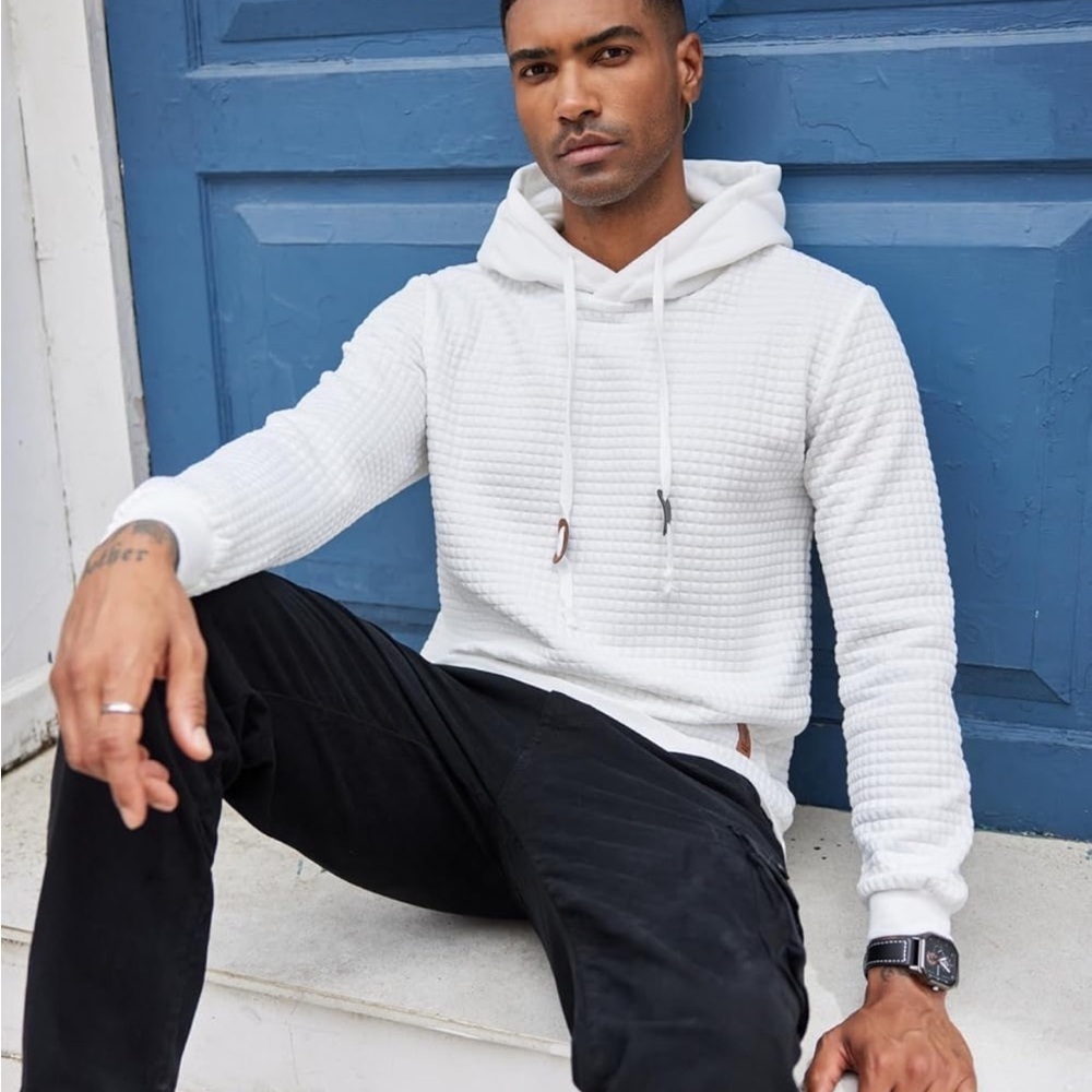 Men Hooded Sweatshirt Casual Long Sleeve Drawstring Waffle Knit Pullover Hoodies